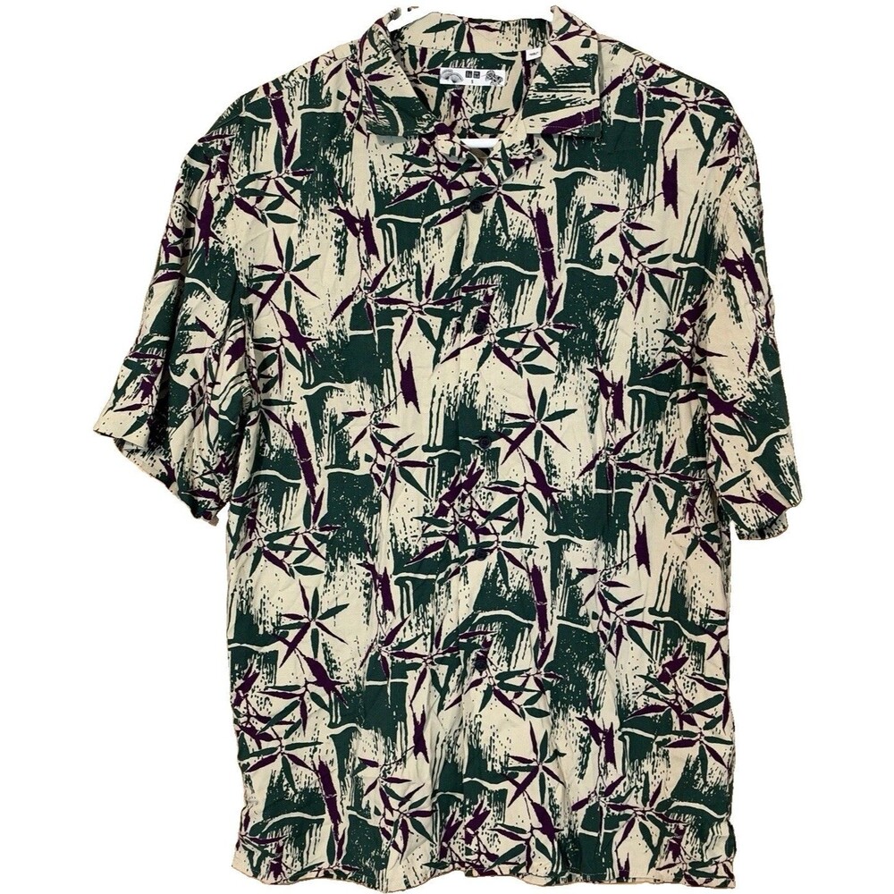 UNIQLO Men S  Button Up Camp Shirt Hawaiian  Bamboo RAYON Resort Vacation